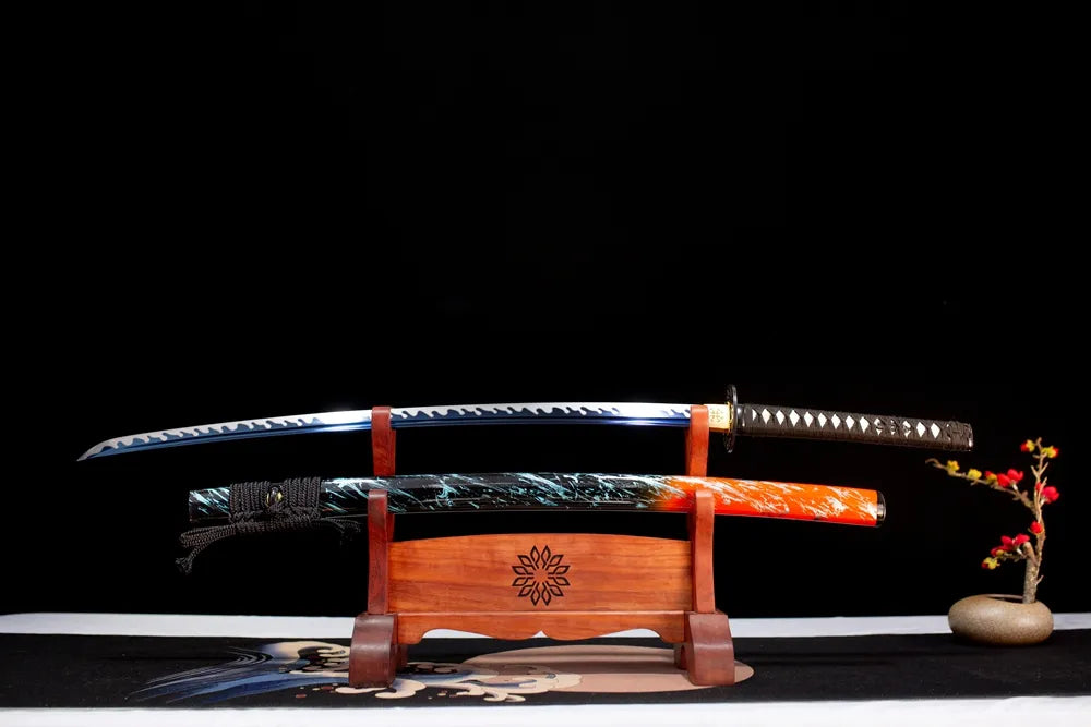 Flat fully‑drawn 1060 water‑quenched fiery‑wave‑hamon Battle‑Frenzy‑Katana blade wooden rack front shot