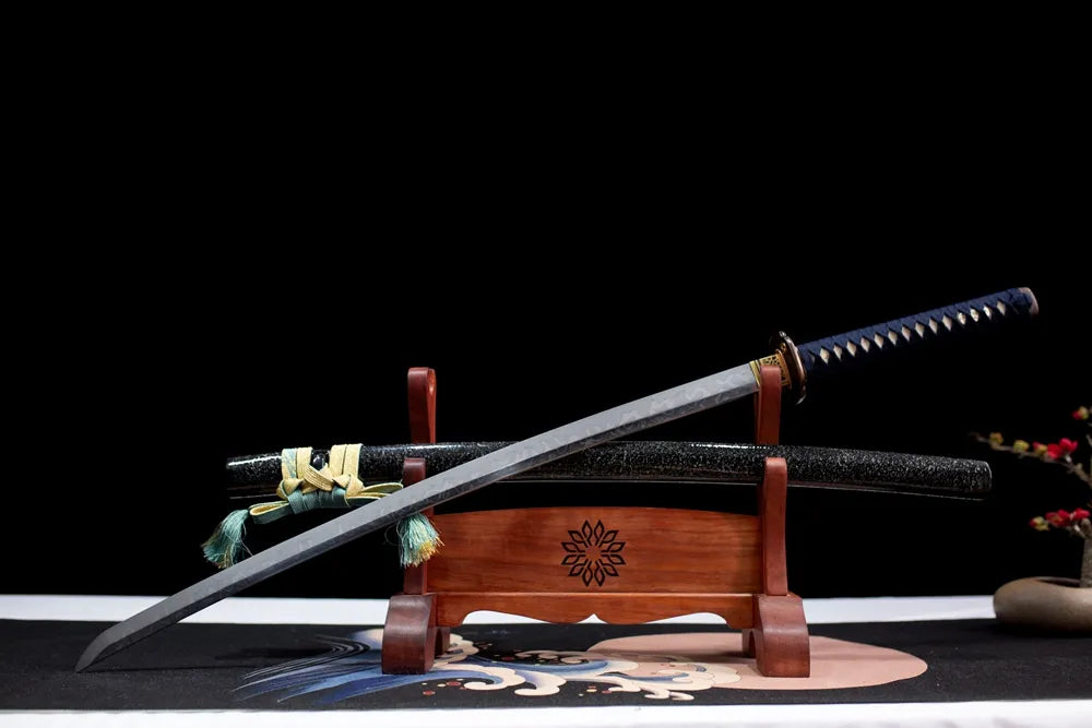 Slanted upright drawn Mo‑Meteorite nebula‑motif katana wooden shelf front perspective