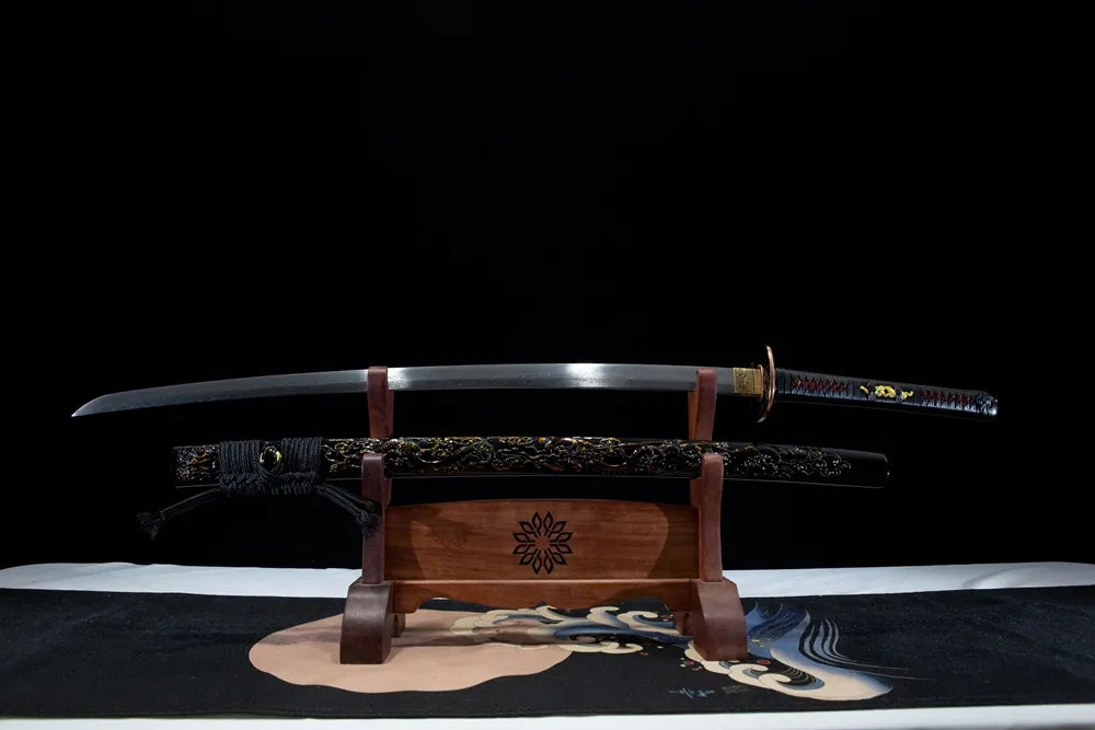 Flat lay unsheathed damascus steel blade