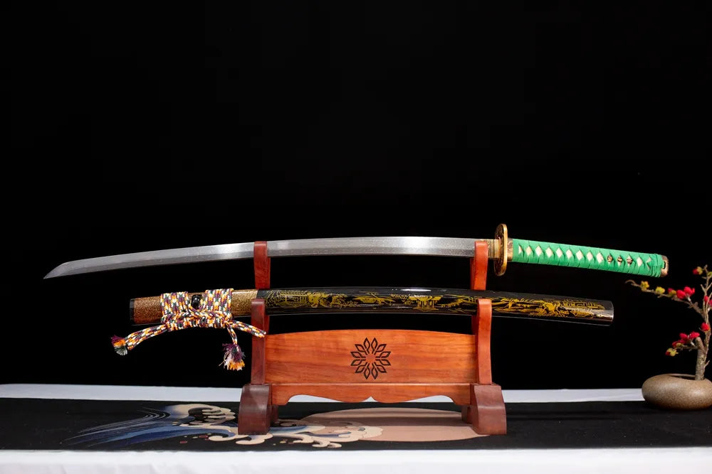 Flat fully‑drawn folding‑forged damascus oil‑quenched etched‑garden‑scenery Spring‑Breeze‑Ten‑Miles‑Katana blade wooden rack front shot