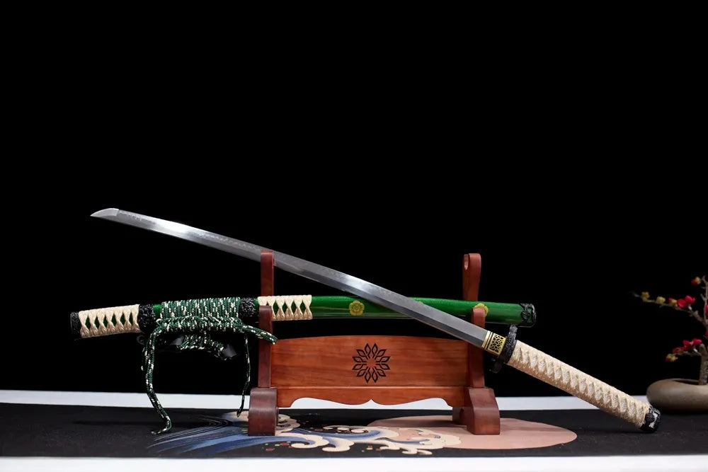 45‑angle open full‑size Tachi‑Green‑Sakuragawa sakura‑river landscape‑art tachi two‑layer wooden stand front view