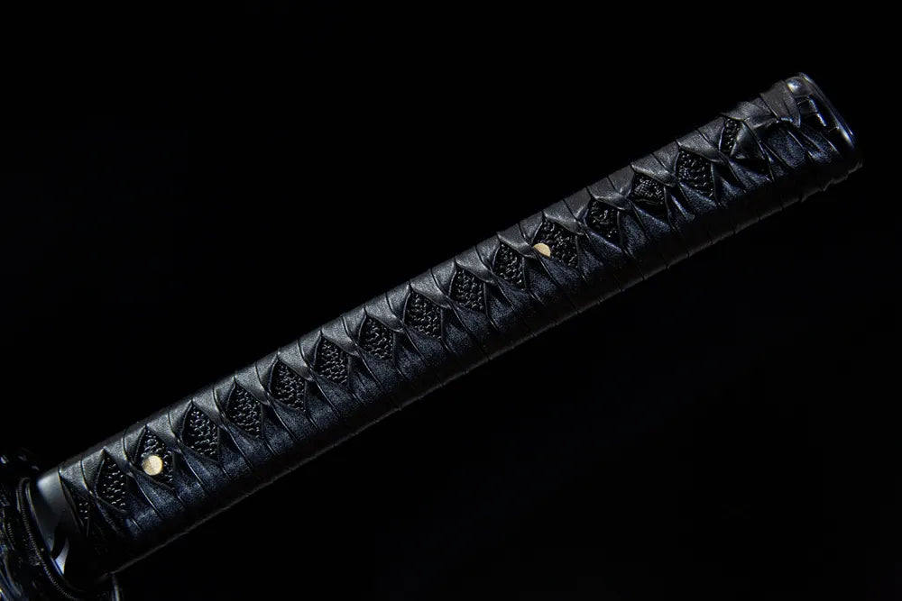 Full tactical tsuka front view anti-slip black wrapped texture all black combat fuchi kashira
