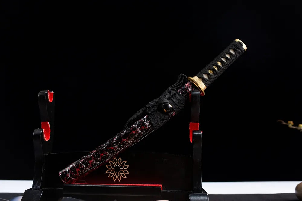 45° front view fully sheathed time wakizashi on black wooden sword stand