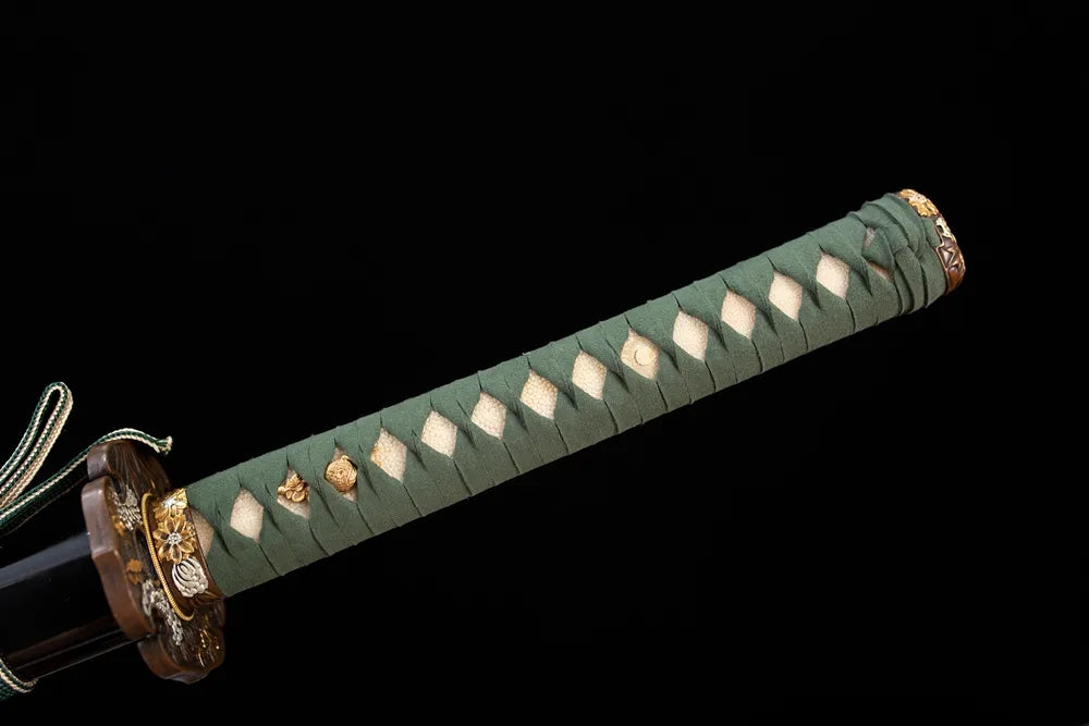Full light‑cyan woven ito tsuka aged‑copper wind‑bell‑eaves‑chime‑relief fittings complete front shot