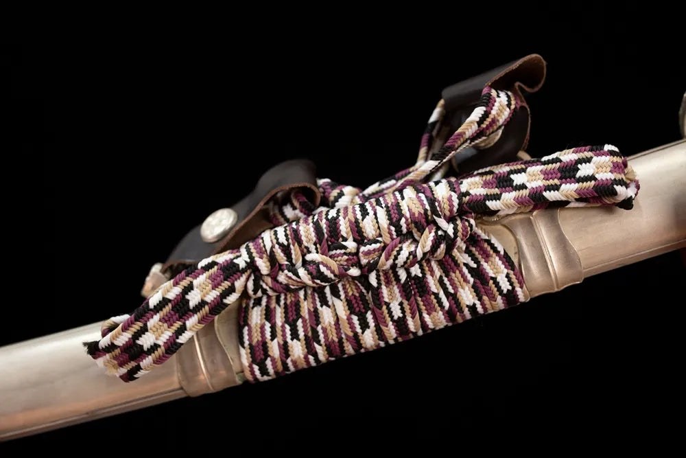 Thick multi‑tone‑purple‑ivory mixed‑braided sageo cord silver‑plated copper fitting macro close‑up