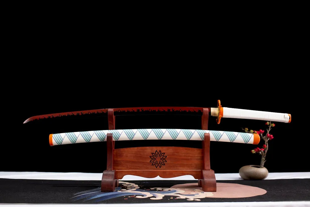 Flat fully‑drawn 1060 steel Rengoku nichirin blade wood rack shot