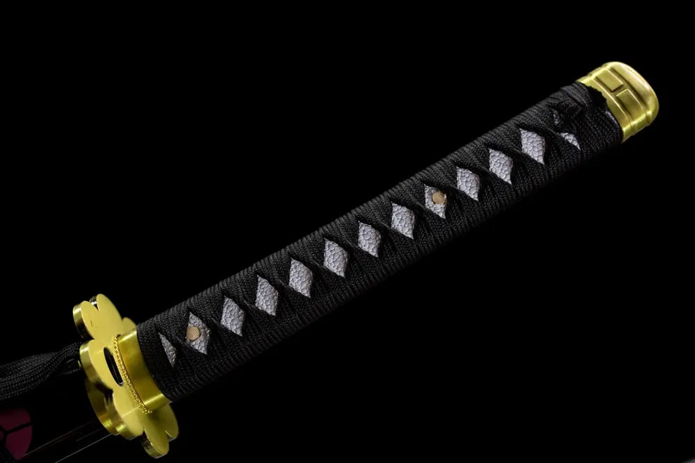 Full black woven tsuka matte black alloy fittings complete front shot