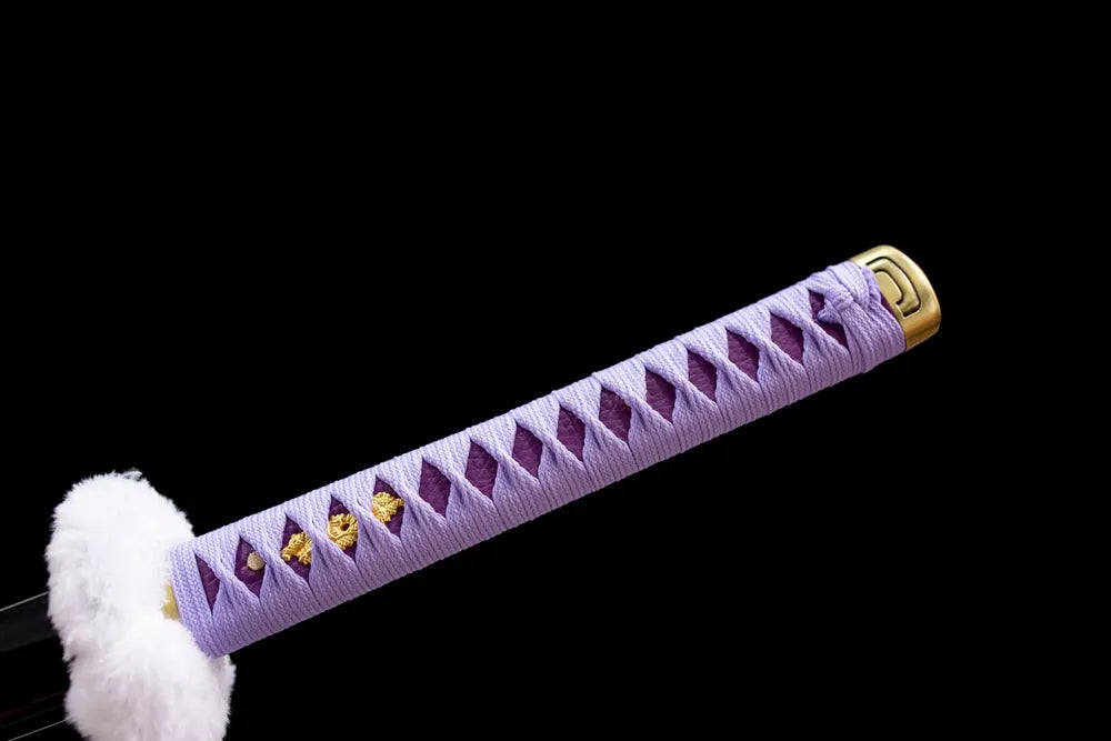 Full purple woven tsuka white‑fur tsuba golden alloy fittings complete front shot