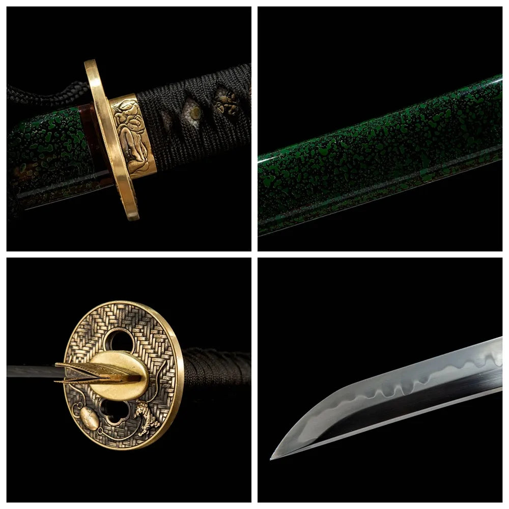 4-grid collage Wind Demon gunome blade plain copper tsuba ray skin tsuka full ox horn saya