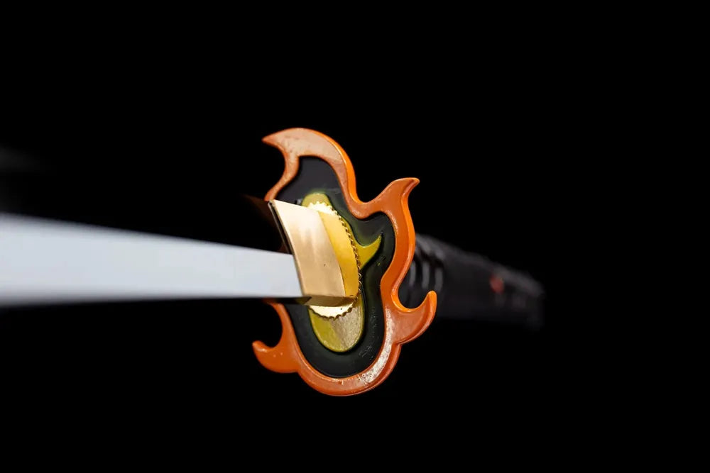 Front bright orange hollow flower‑shape demon‑slayer hand‑guard close‑up