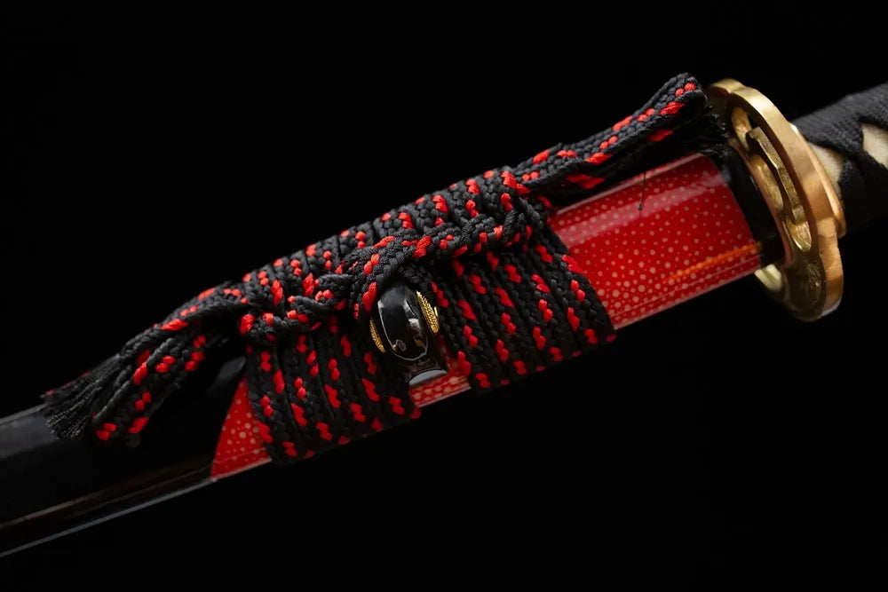 Thick dusty‑rose mixed‑braided sageo cord antiqued‑silver alloy fitting macro close‑up long katana