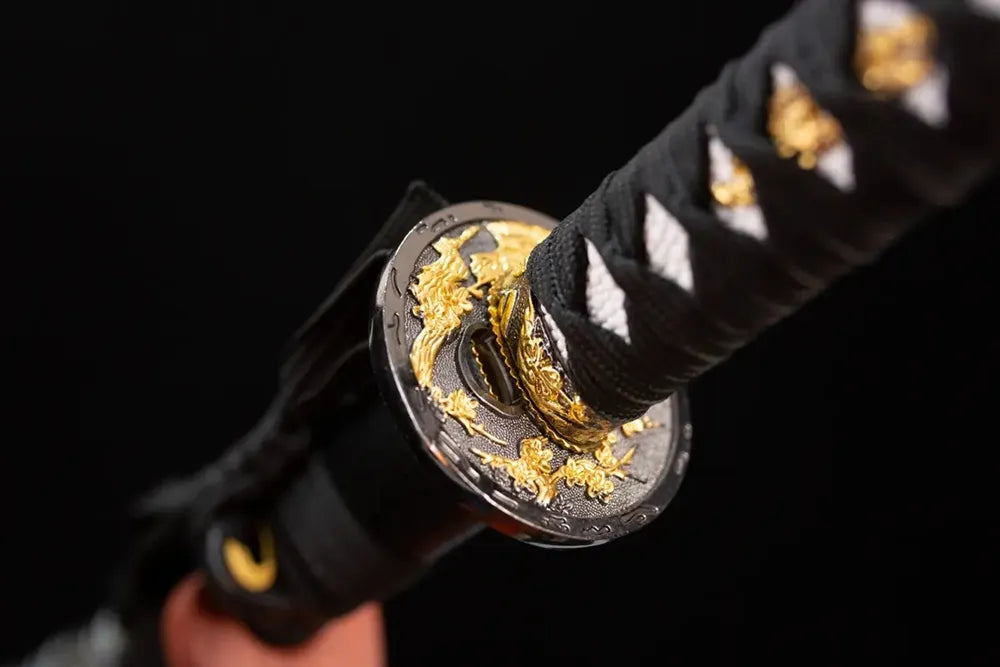 Reverse‑side peony‑blossom‑scroll carving gilded‑zinc‑alloy tsuba surface texture close‑up