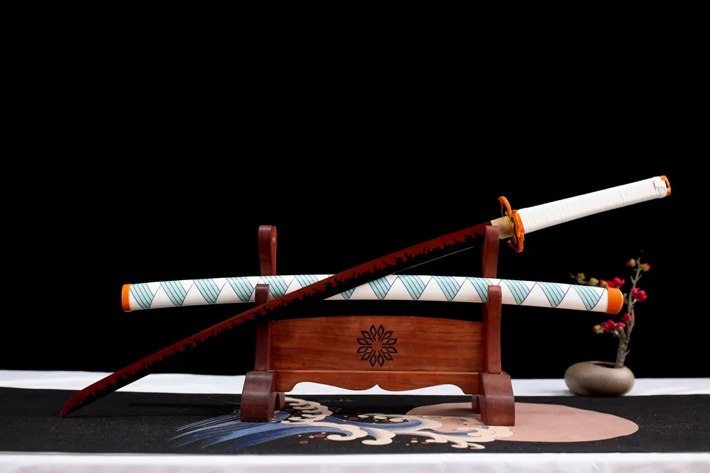 Slanted upright drawn Demon‑Slayer Rengoku nichirin sword wooden shelf front view