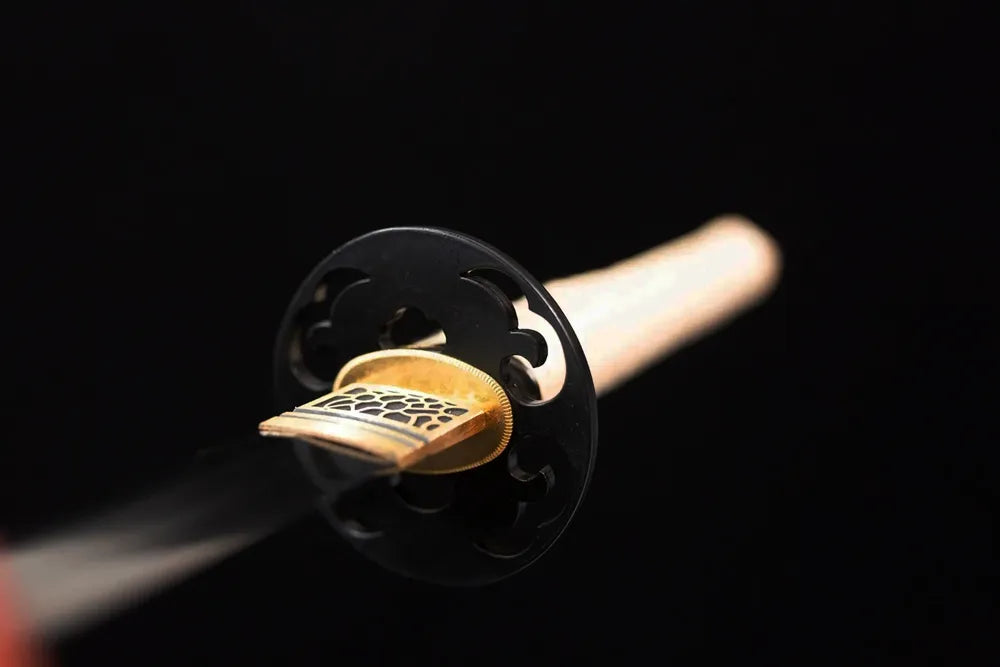 Front open‑work dragon‑warrior‑samurai‑relief iron katana hand‑guard close‑up