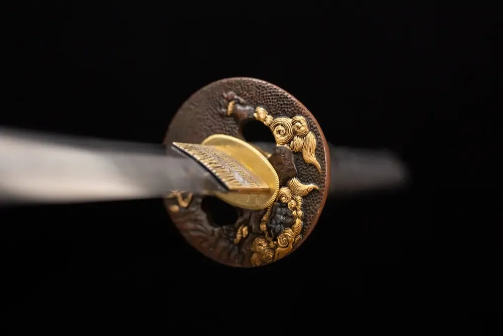 Front open‑work cloud‑auspicious‑beast‑relief aged‑bronze‑gilded katana hand‑guard close‑up