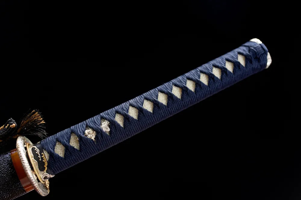 Full navy woven ray skin tsuka silver dragon fittings front shot