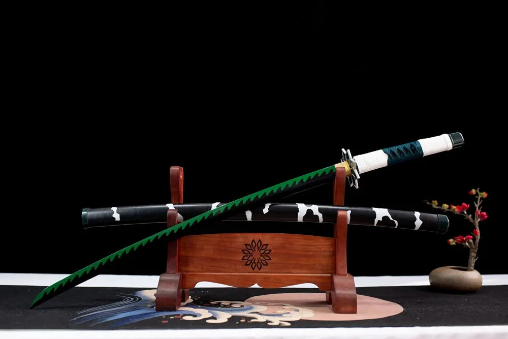 Slanted upright drawn Demon‑Slayer Sanemi nichirin sword wooden shelf front perspective
