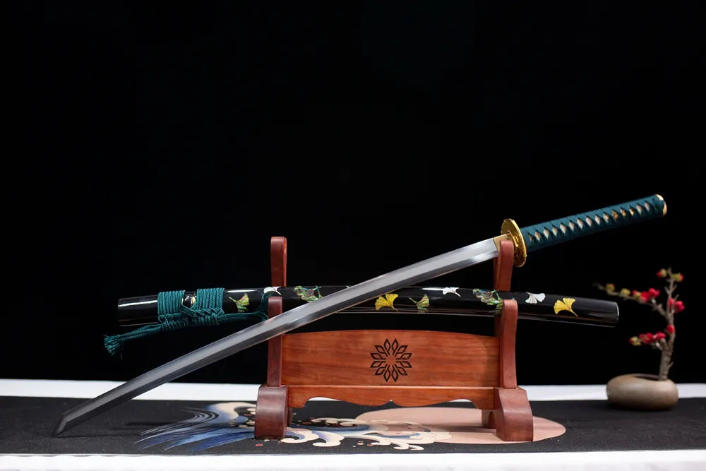 Slanted upright drawn Ink‑Style‑Katana ink‑art themed katana wooden shelf front perspective