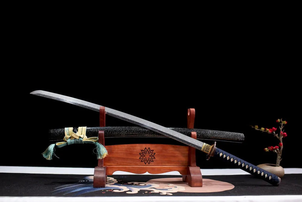 45‑angle open full‑size Mo‑Meteorite cosmic‑theme samurai katana two‑layer wooden stand front view
