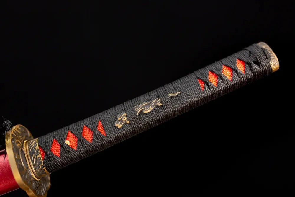 Full black‑red woven ito tsuka brass‑gilded prajna‑hannya‑demon‑mask‑relief fittings complete front shot