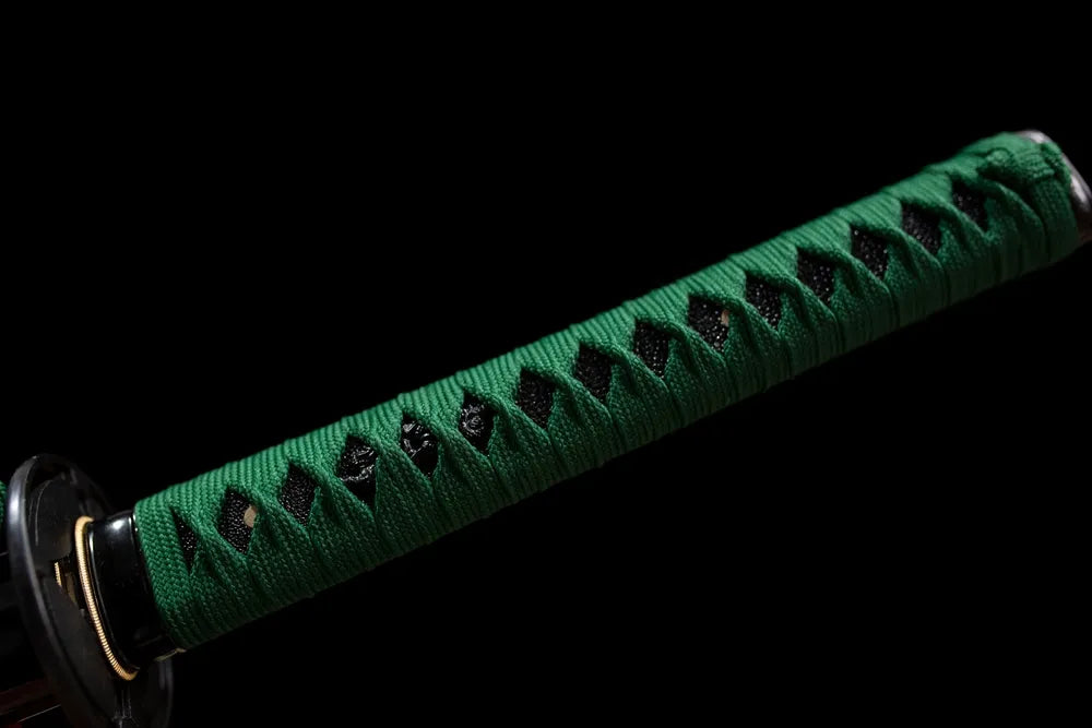 Full forest‑green woven ito tsuka green‑python‑relief aged‑alloy fittings complete front shot