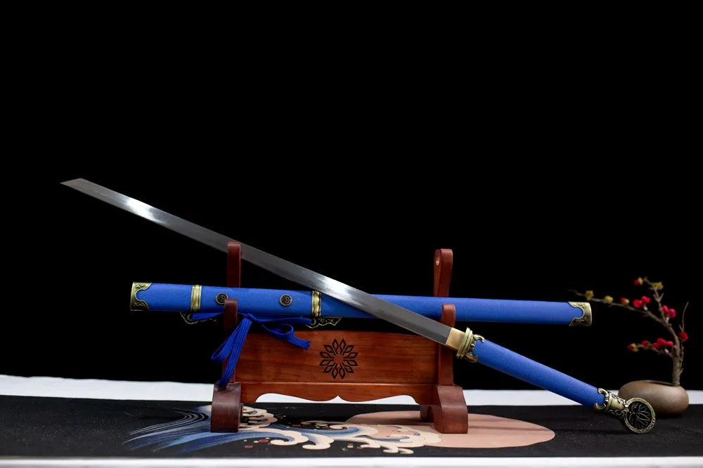 45 angle open full size lotus bronze tang dao two-layer wood stand