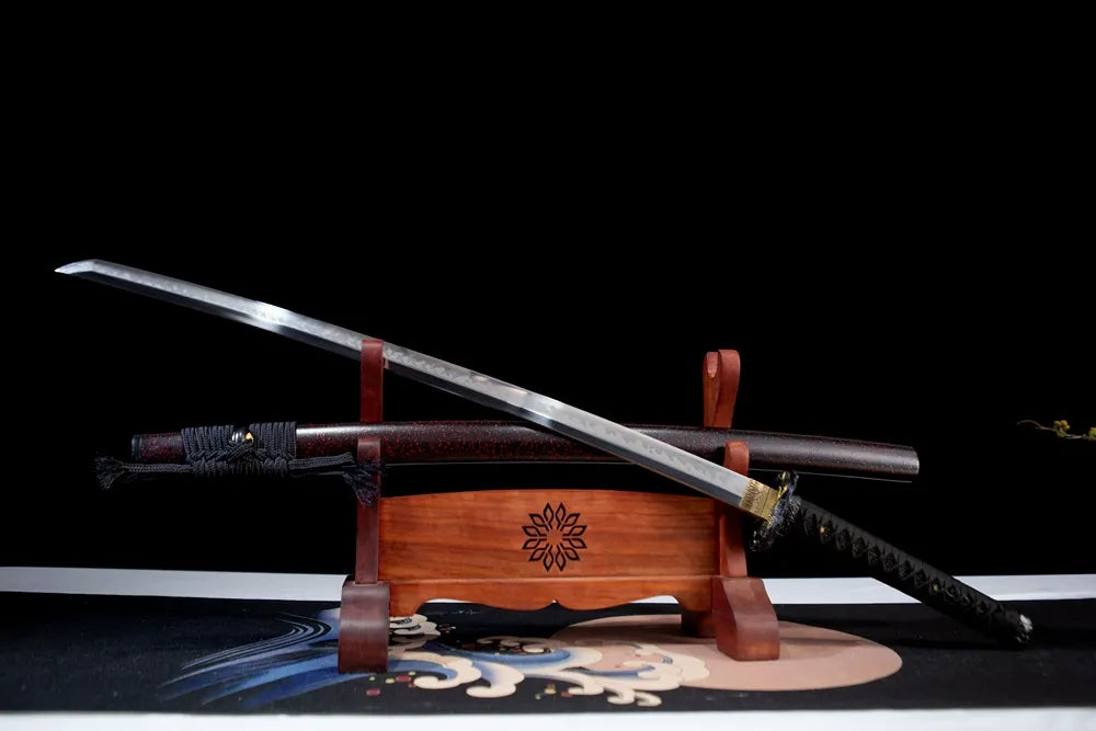 45 angle open full size black gold dragon katana display