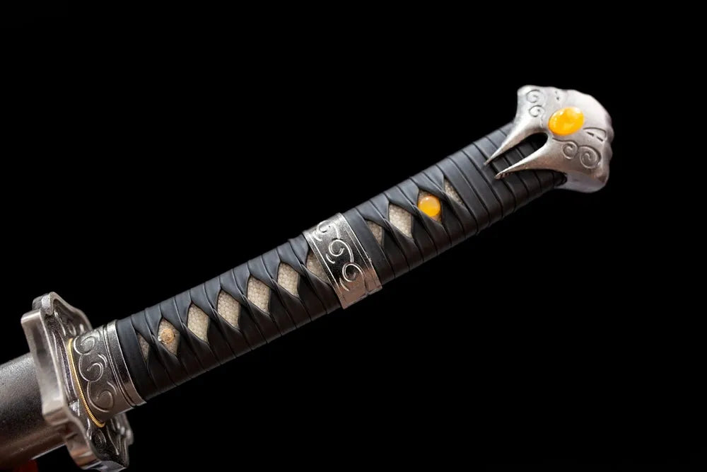 Full black ray woven tsuka ghost mask amber stone fittings front shot