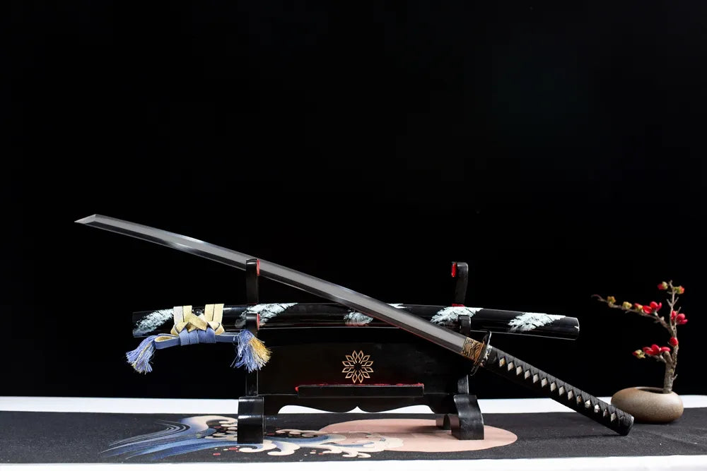 45 angle open flying crane katana black wood display rack shot