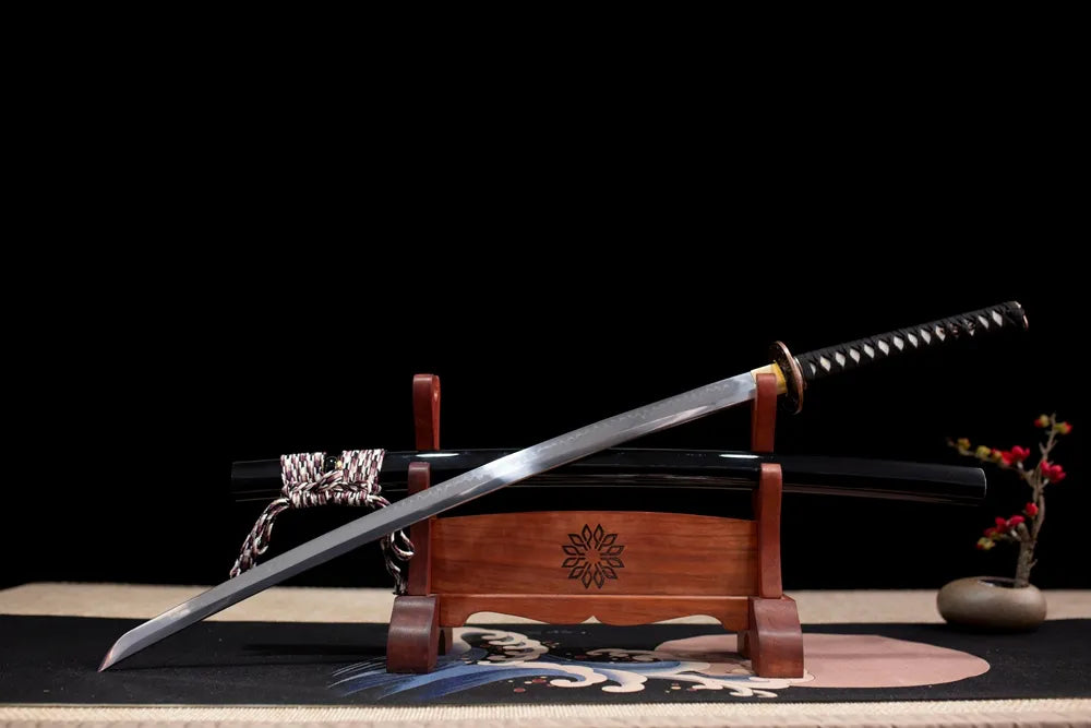 Slanted upright drawn Black‑Whirlwind‑Katana simple functional katana wooden shelf front perspective