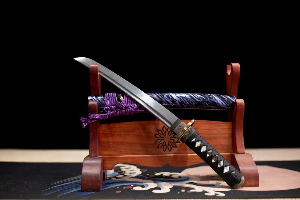 Slanted upright drawn Purple‑Python‑Wakizashi python‑theme wakizashi wooden shelf front perspective