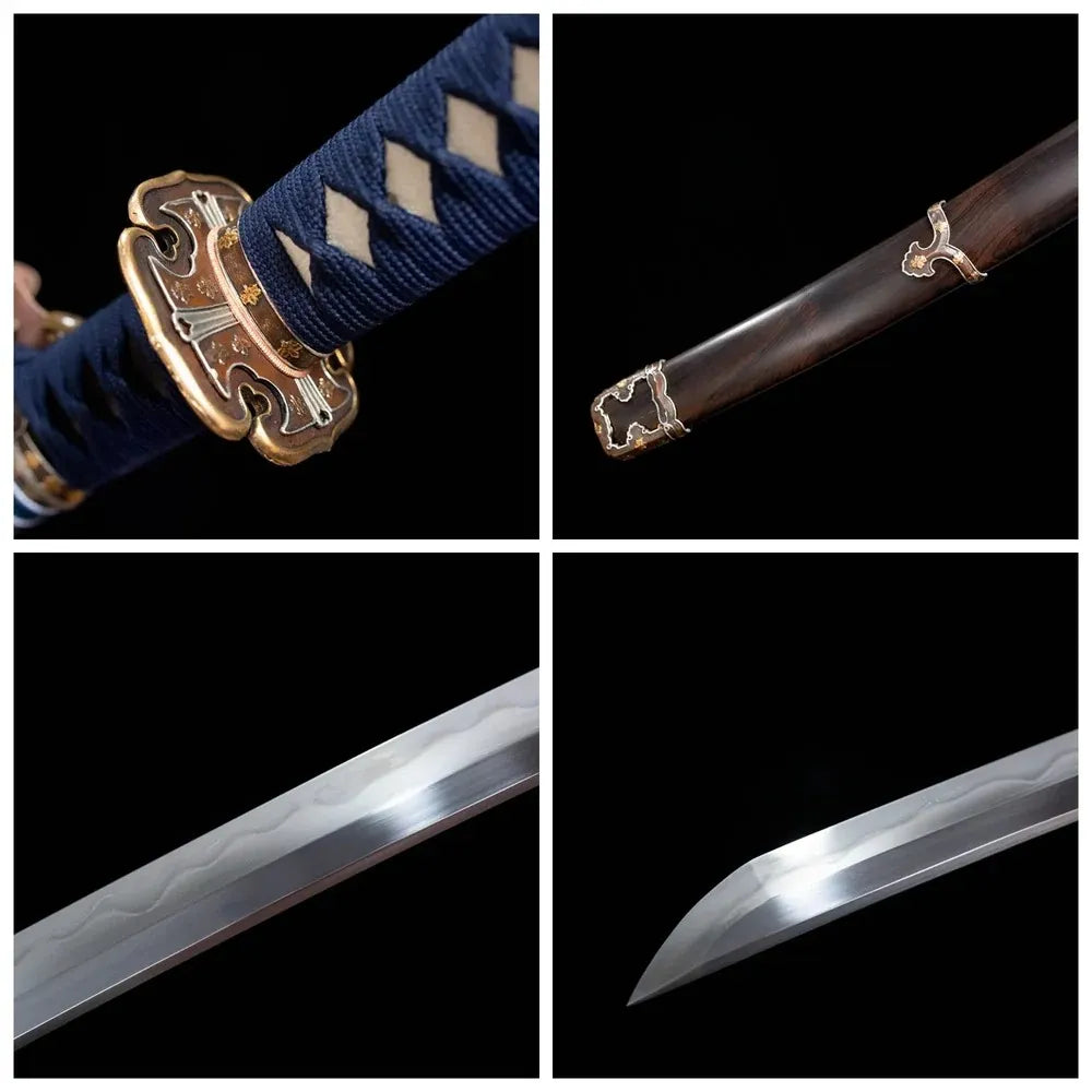 Four‑grid collage gold‑silver‑plated pure‑copper antique‑family‑crest‑relief tsuba, deep‑blue woven cotton ito tsuka, ebony‑solid‑hardwood tachi saya, ko‑notare classical‑undulating‑wave hamon blade close‑up details