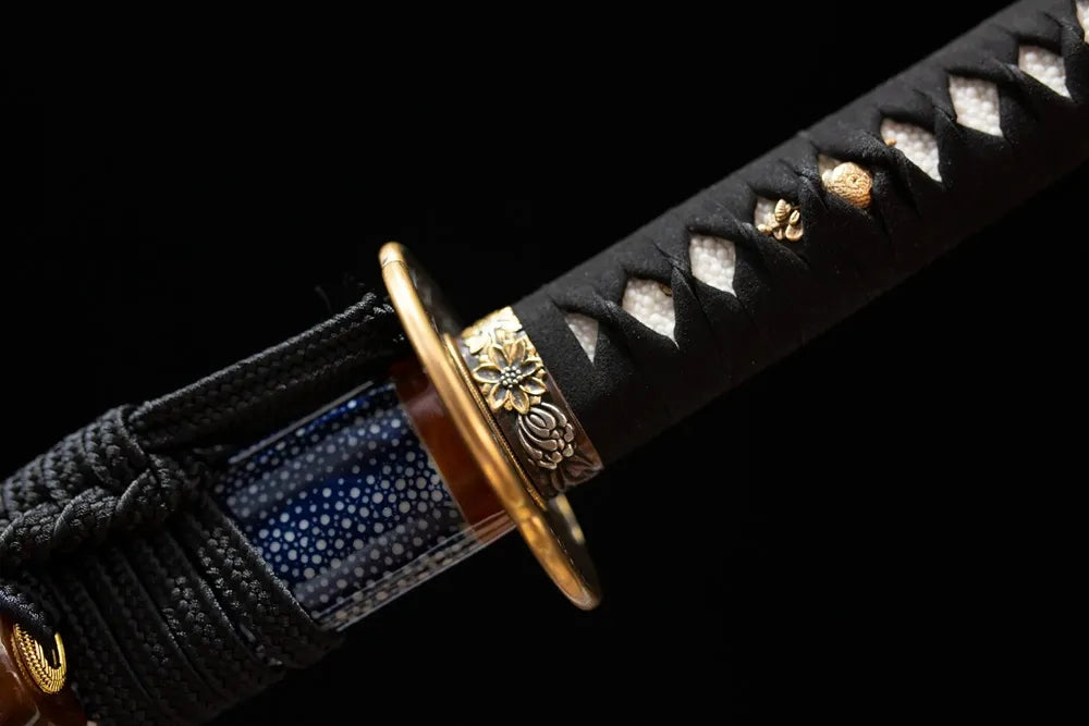 Moon‑star‑relief ice‑blue silver‑gild fuchi grip‑ring macro close‑up