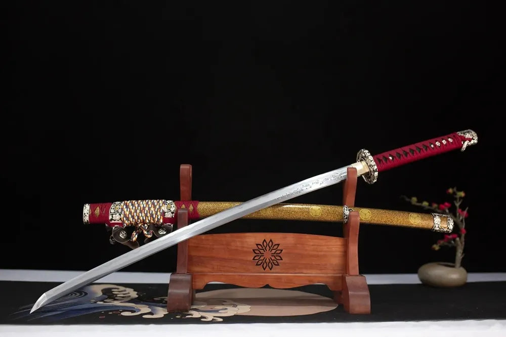 Slanted upright drawn Perseverance‑Tachi perseverance‑samurai‑spirit‑art tachi wooden shelf front perspective