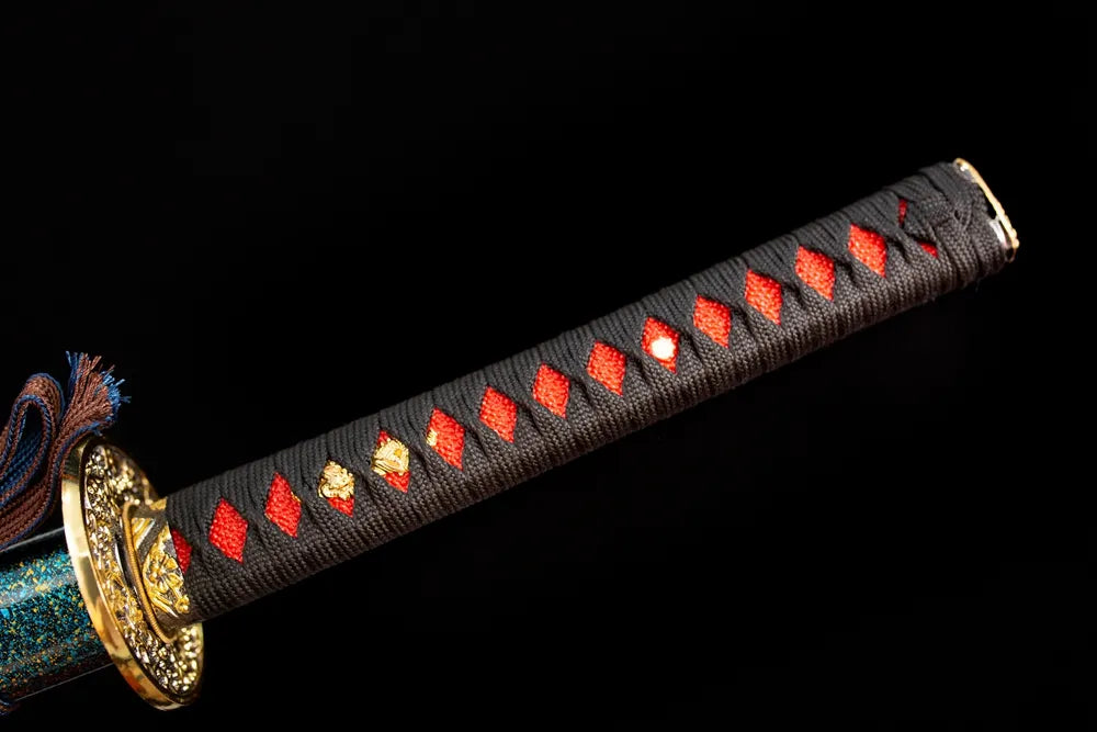 Full black‑red woven ito tsuka gold‑plated‑alloy kamon‑hanafuda‑floral‑relief fittings complete front shot