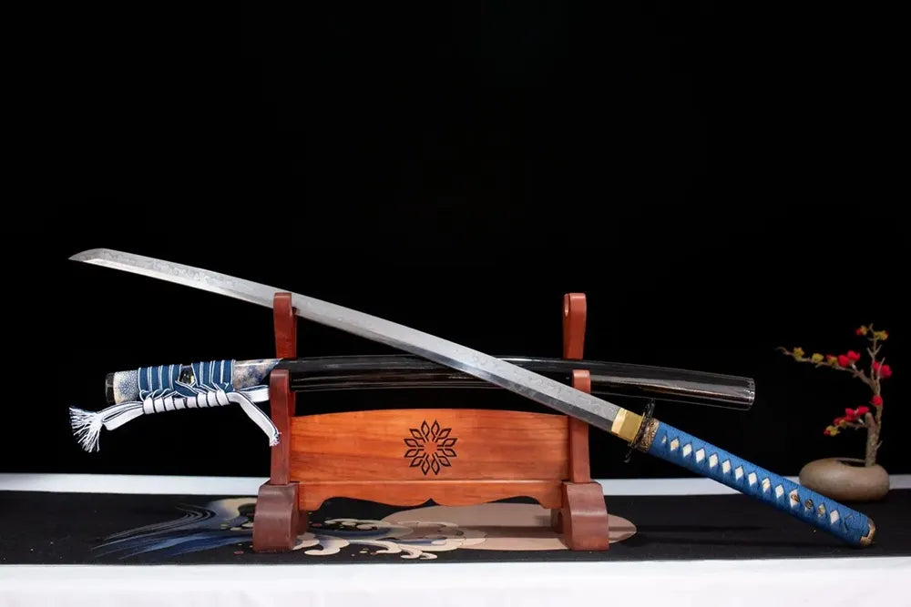 45‑angle open full‑size Butterfly‑Dance‑Katana butterfly‑dance dancing‑lepidoptera‑graceful‑nature‑motif samurai katana wooden display‑stand front view