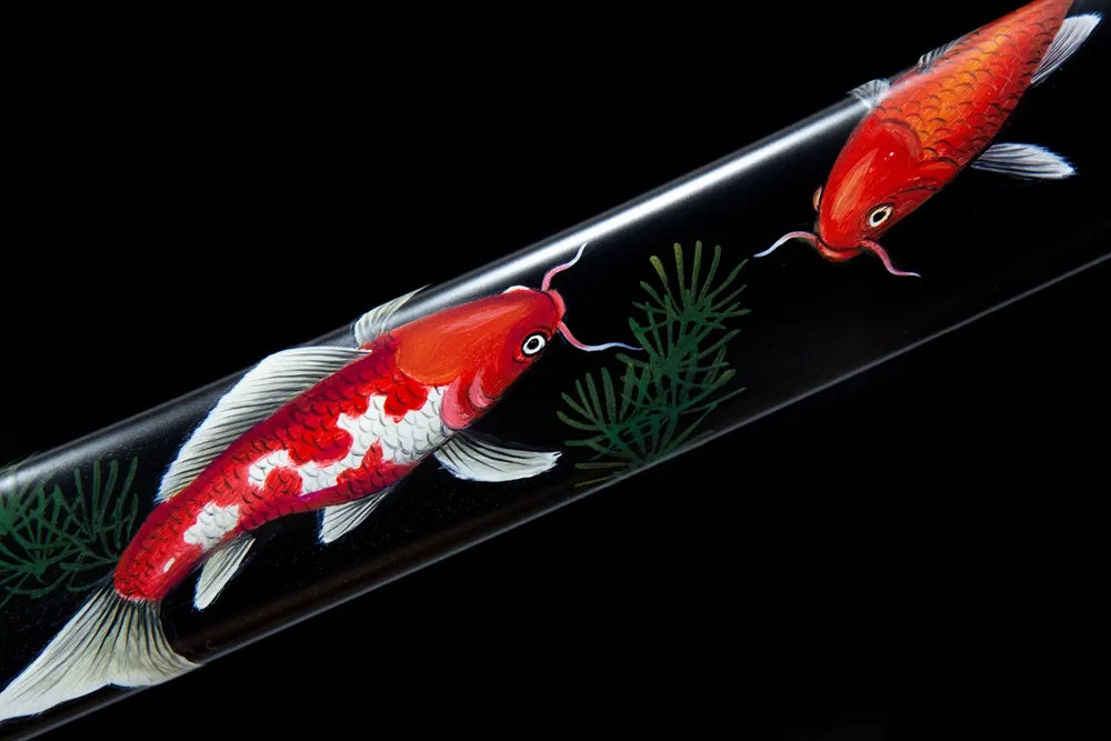 Hand drawn koi in the middle of the scabbard