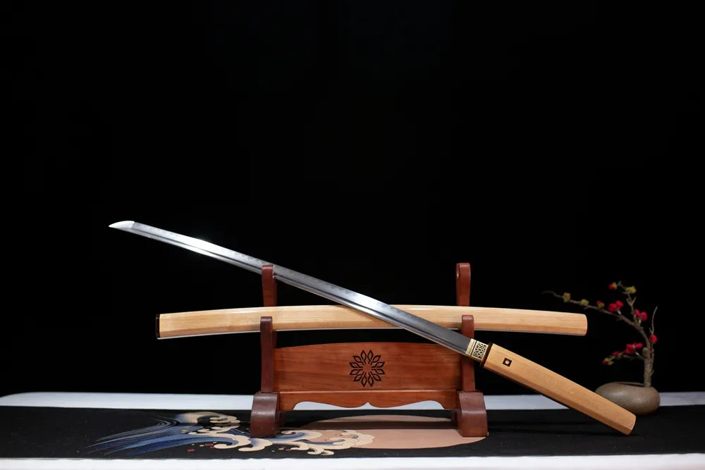 45‑angle open full‑size Plain‑Shirasaya‑Katana minimalist plain‑shirasaya purist‑traditional‑collect samurai katana two‑layer wooden stand front view