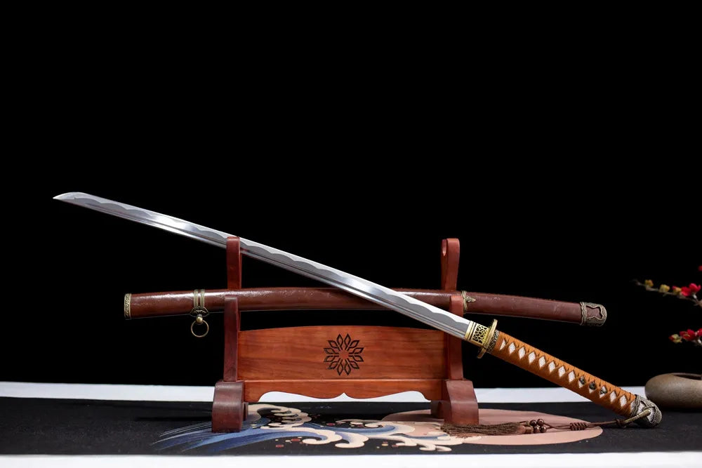 45‑angle open full‑size wwii shin‑gunto officer reproduction saber two‑layer wooden stand front view