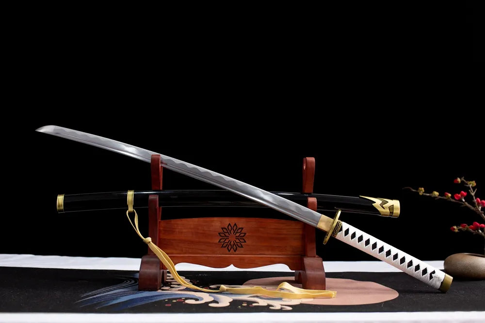 45‑angle open full‑size Vergil Yamato katana two‑layer wood stand shot