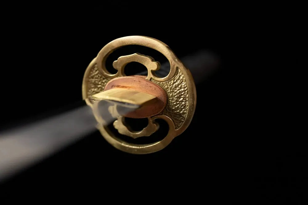 Front open‑work half‑sided floral‑blend antiqued‑silver alloy katana hand‑guard close‑up long katana