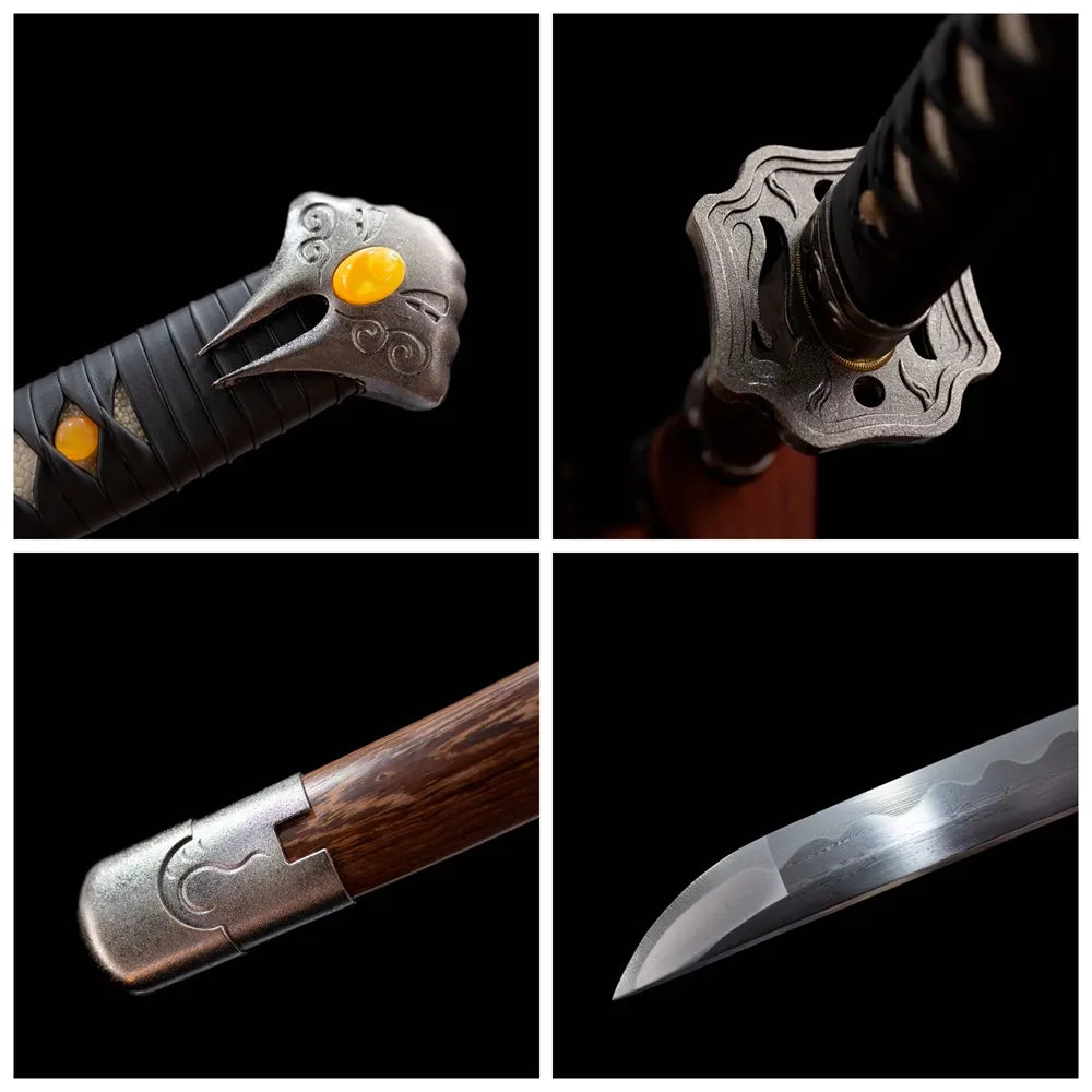 Four grid collage ghost mask kashira, cloud tsuba, blade tip & rosewood saya close-ups