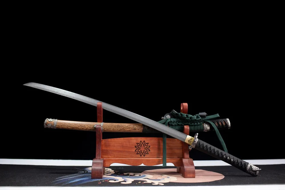 45‑angle open full‑size Night‑Eagle‑Tachi wild‑raptor‑eagle themed tachi two‑layer wooden stand front view
