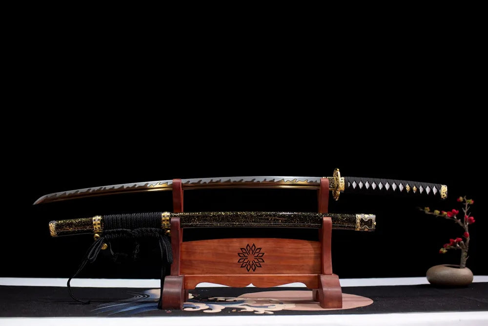 Flat fully‑drawn T10 clay‑tempered Dragon‑Blade‑Tachi hamon blade wooden rack front shot