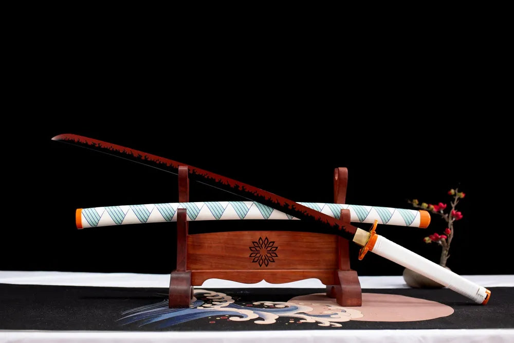 45‑angle open full‑size Flame Hashira Rengoku katana two‑layer wood stand