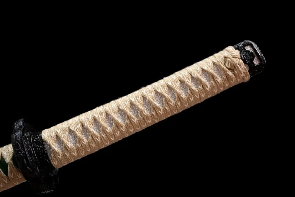 Full sage‑green woven ito tsuka sakura‑river carved zinc‑alloy fittings complete front shot