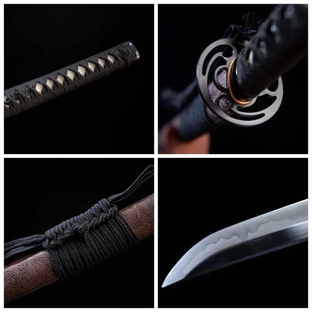 Four grid close-up collage of katana parts