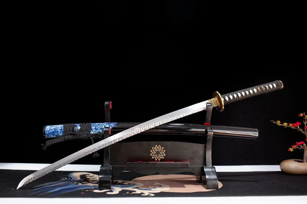 Slanted upright drawn Comet‑Katana comet‑meteor‑cosmic‑celestial‑art katana wooden shelf front perspective