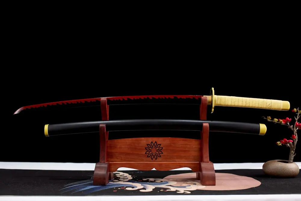 Flat fully‑drawn 1060 steel Yoriichi red‑flame‑print nichirin blade wooden rack front shot