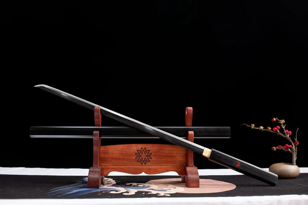 45 angle open full black Sasuke grass sword wood display set